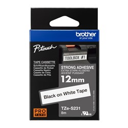 Brother TZE-S231 P-Touch Tape 12mmx8m Black on White Strong Adhesive